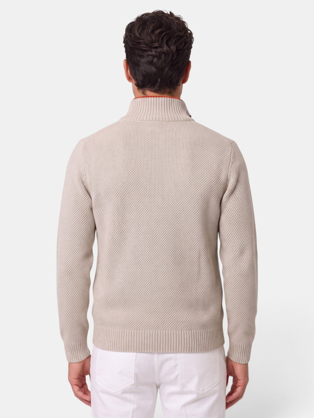 Men's textured knitted zip-up sweater with stand collar and front pockets