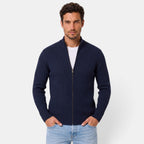 Men's ribbed knit cardigan with high collar and front zipper
