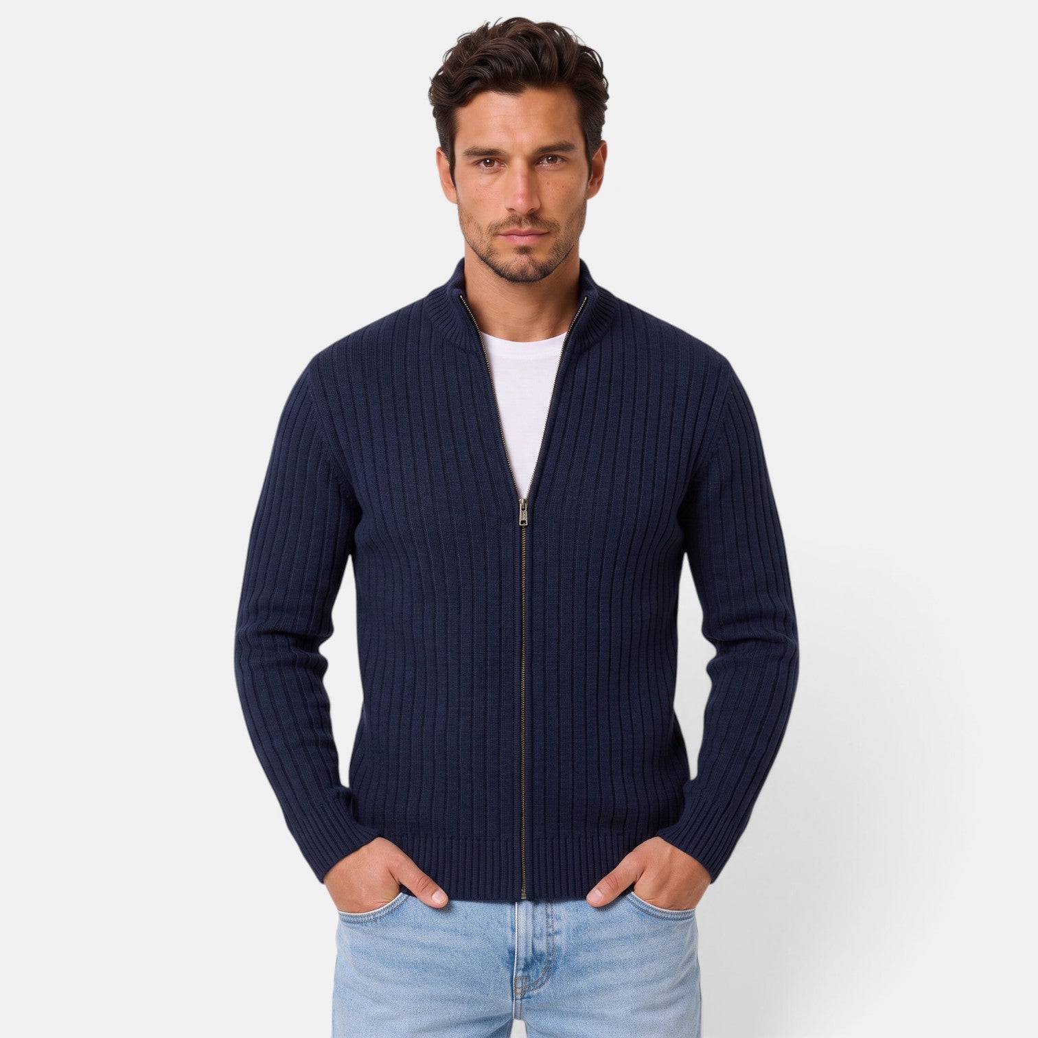 Men's ribbed knit cardigan with high collar and front zipper