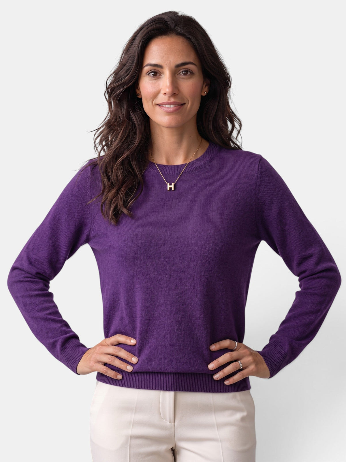 Women's long-sleeved textured crew neck jumper with ribbed trims