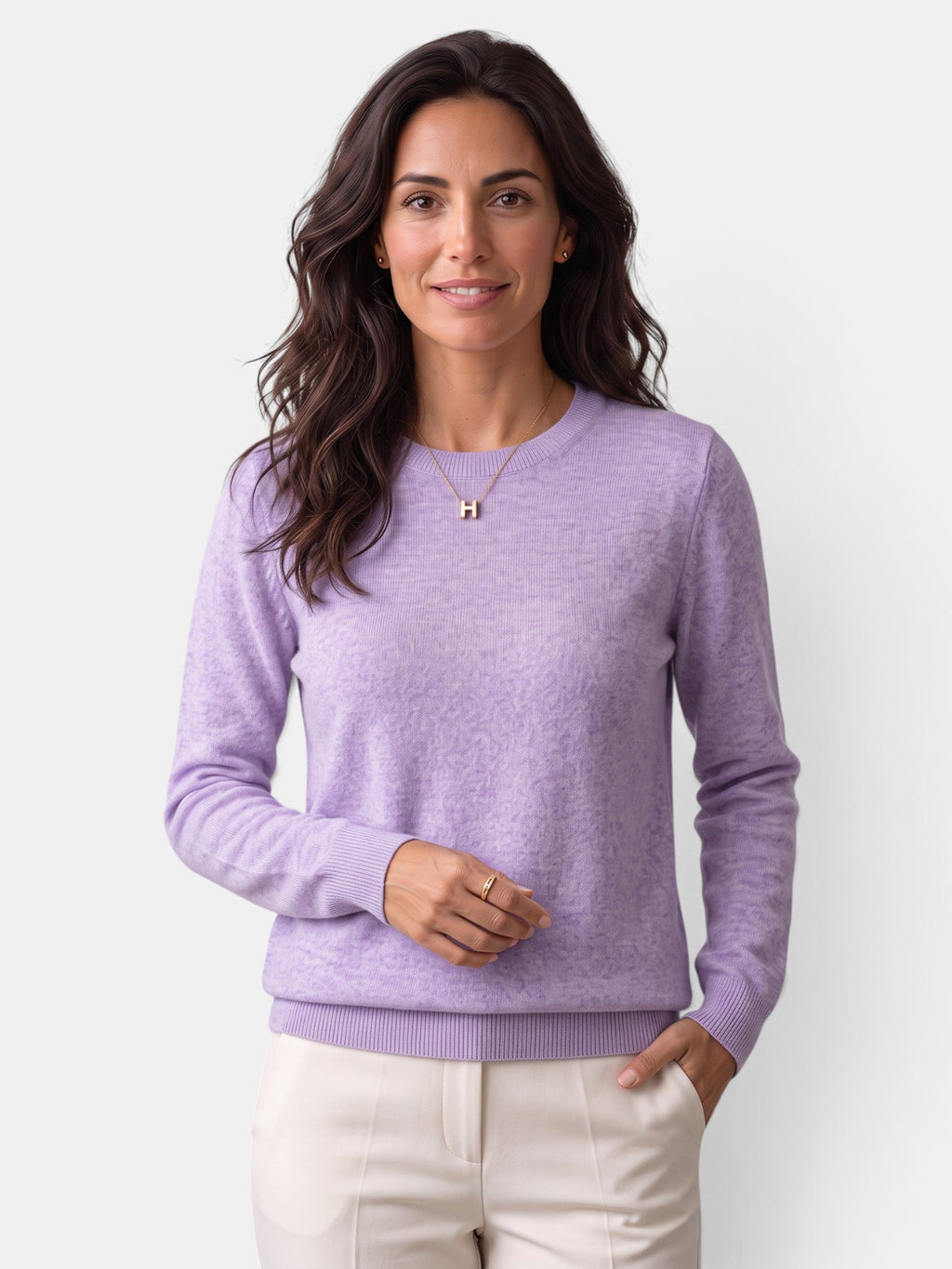 Women's long-sleeved textured crew neck jumper with ribbed trims