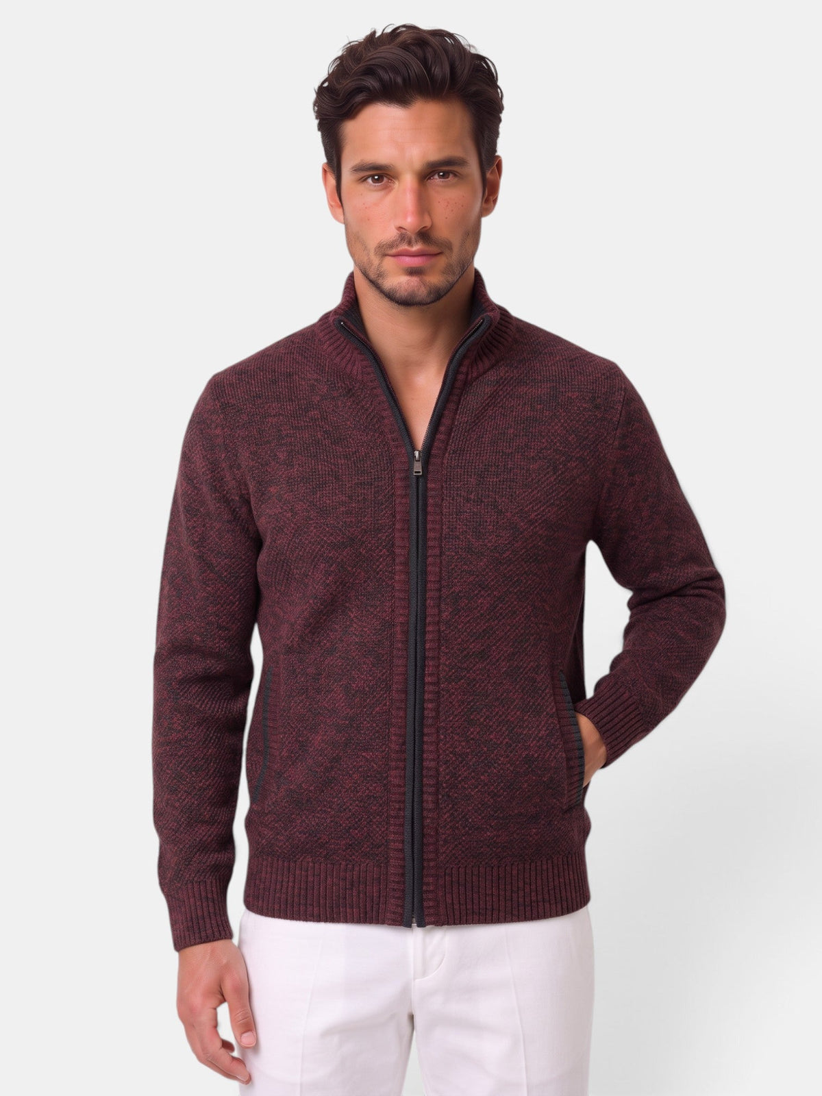 Men's textured knitted zip-up sweater with stand collar and front pockets