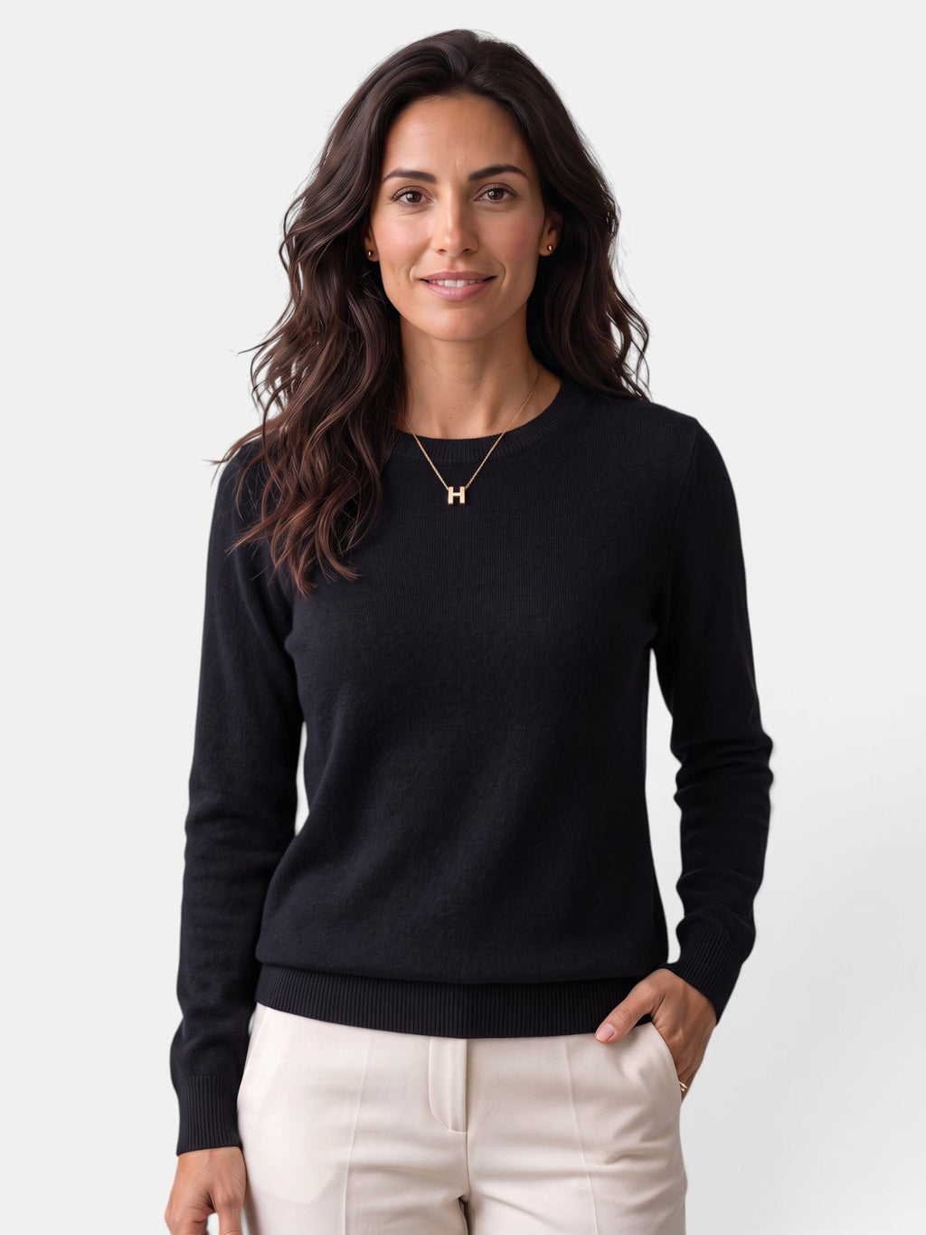 Women's long-sleeved textured crew neck jumper with ribbed trims