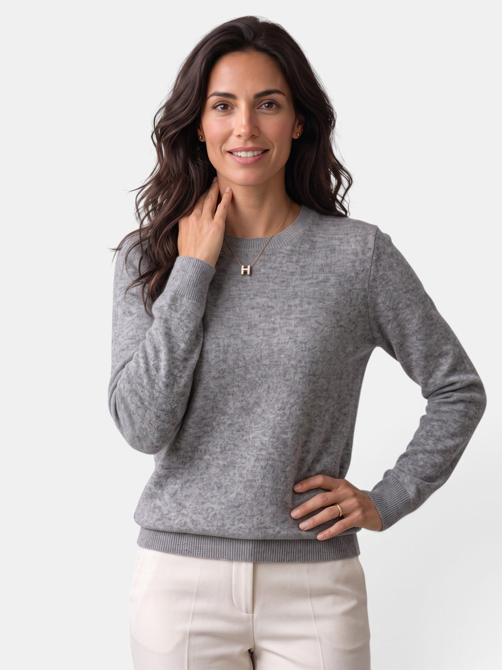 Women's long-sleeved textured crew neck jumper with ribbed trims
