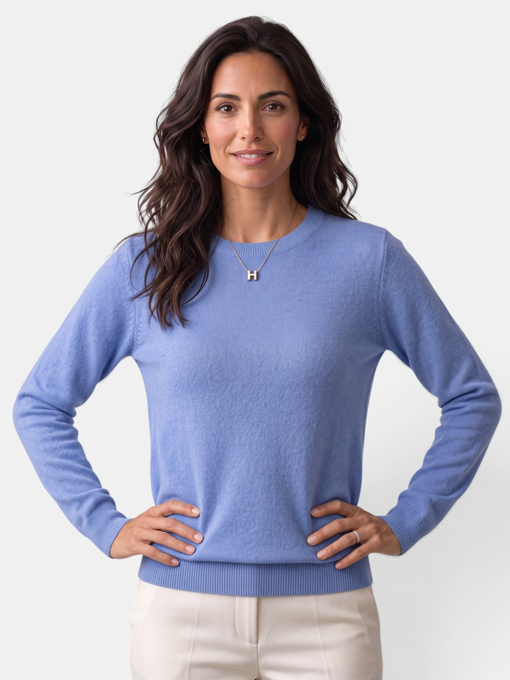 Women's long-sleeved textured crew neck jumper with ribbed trims