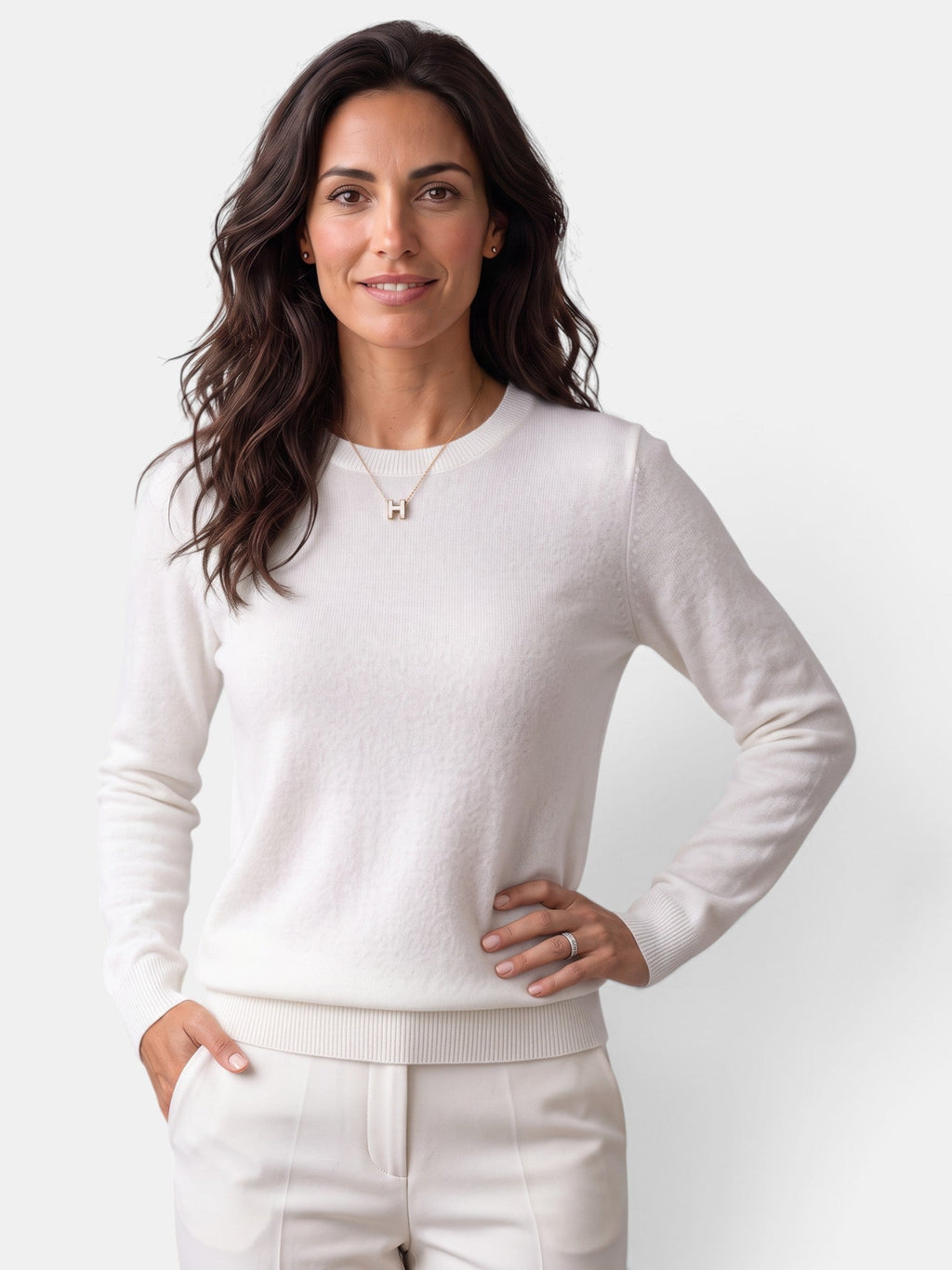 Women's long-sleeved textured crew neck jumper with ribbed trims