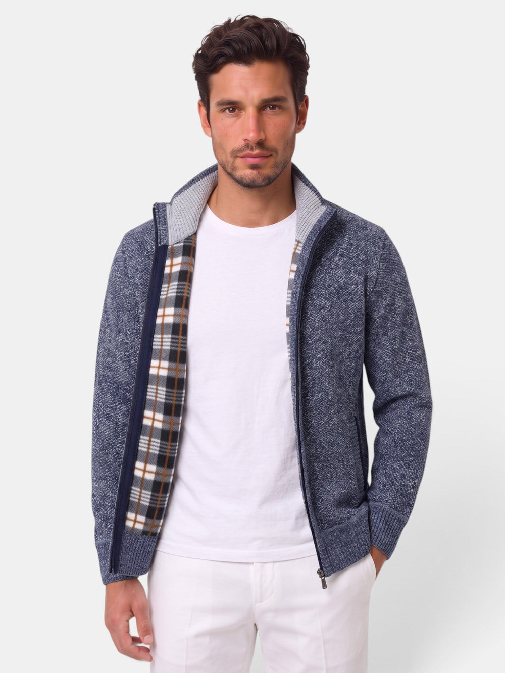 Men's textured knitted zip-up sweater with stand collar and front pockets