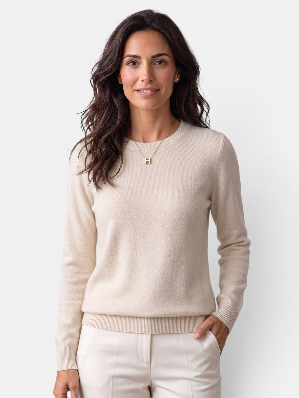 Women's long-sleeved textured crew neck jumper with ribbed trims