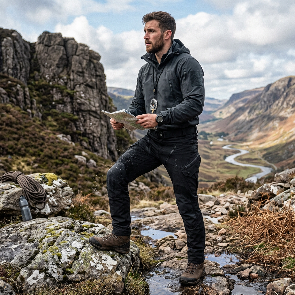 Men's tapered cargo trousers with utility pockets, belt and ankle details
