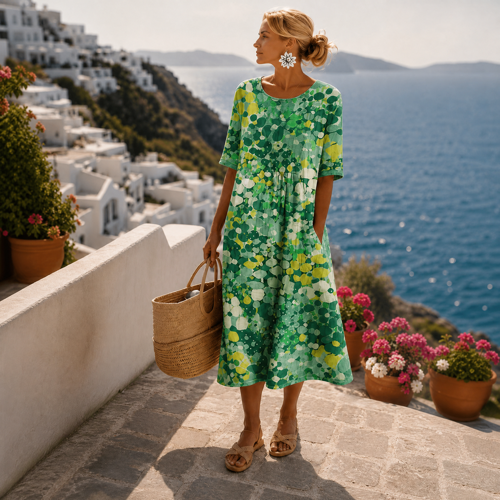 Women's multicoloured floral midi dress with round neckline and three-quarter sleeves
