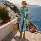 Women's multicoloured floral midi dress with round neckline and three-quarter sleeves