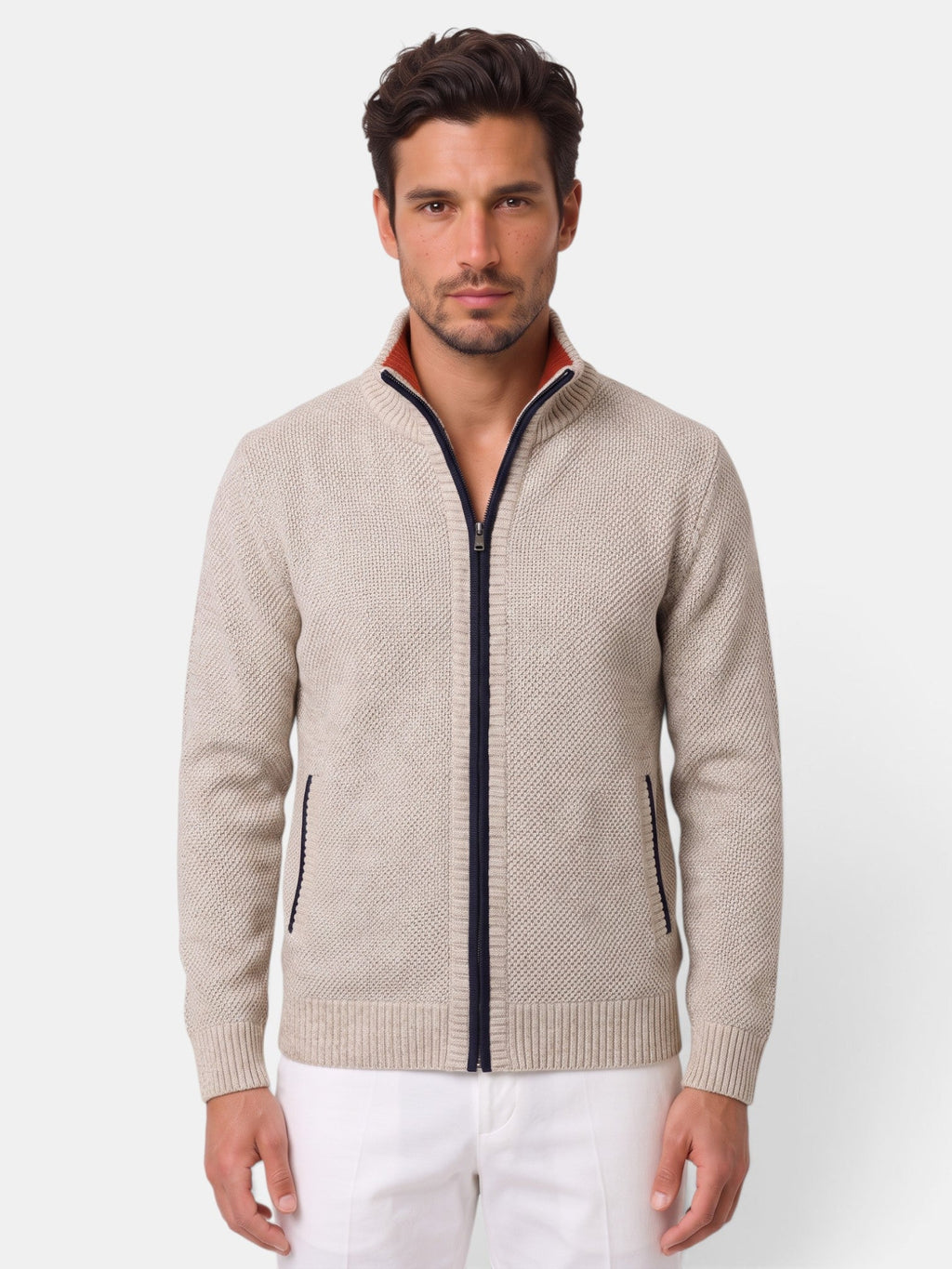 Men's textured knitted zip-up sweater with stand collar and front pockets