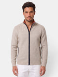 Men's textured knitted zip-up sweater with stand collar and front pockets