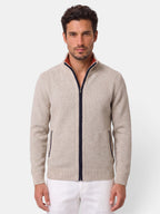 Men's textured knitted zip-up sweater with stand collar and front pockets