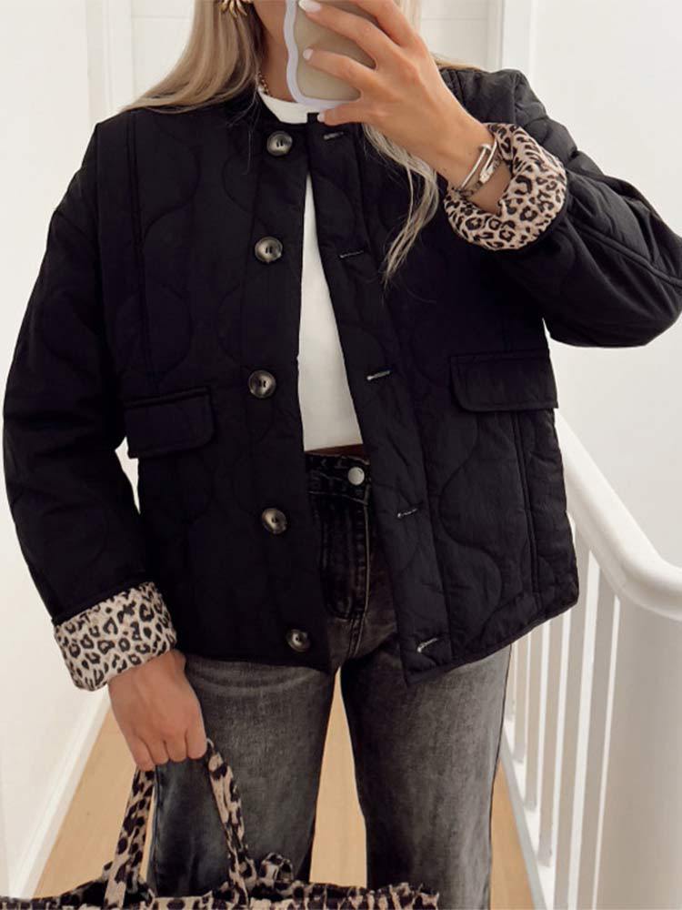 Women's quilted jacket with leopard-print cuffs and button front