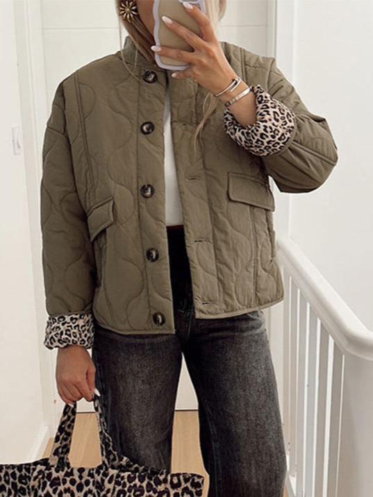 Women's quilted jacket with leopard-print cuffs and button front