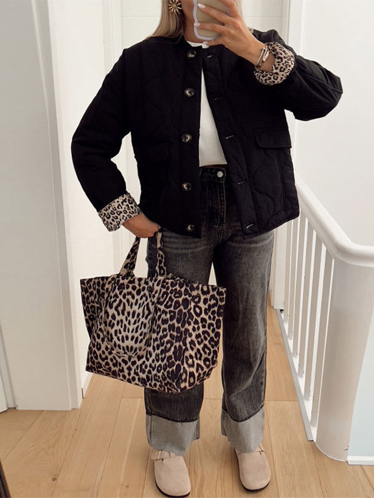 Women's quilted jacket with leopard-print cuffs and button front