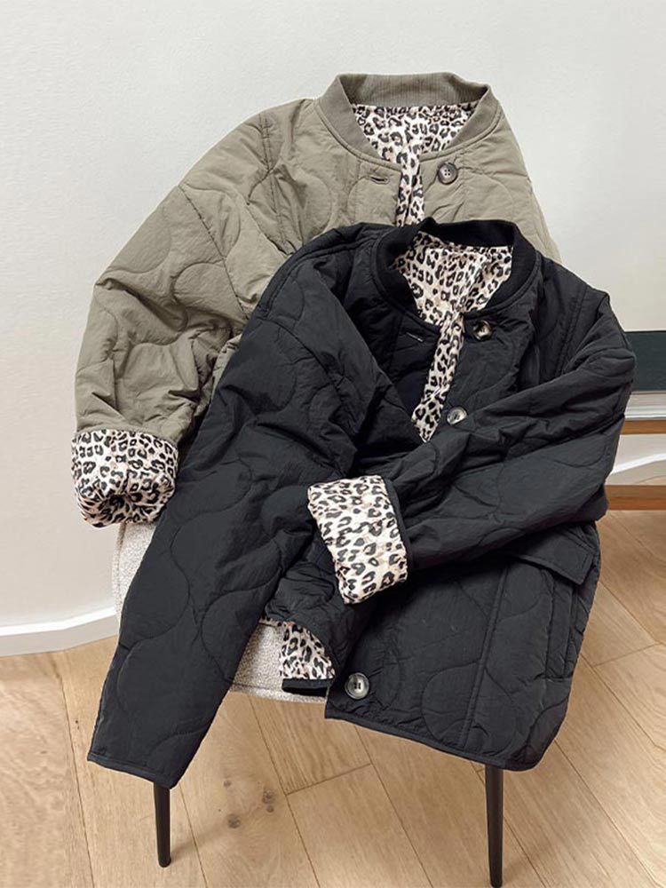 Women's quilted jacket with leopard-print cuffs and button front