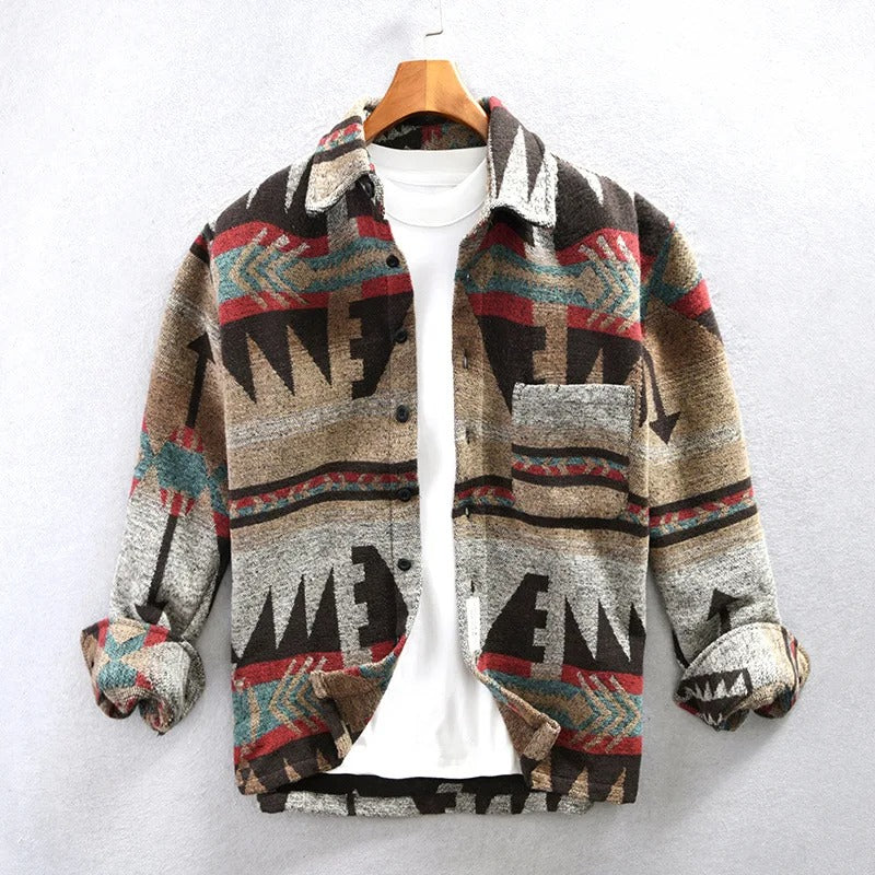 Unisex geometric Aztec pattern overshirt with collar, long sleeves and button front