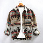 Unisex geometric Aztec pattern overshirt with collar, long sleeves and button front