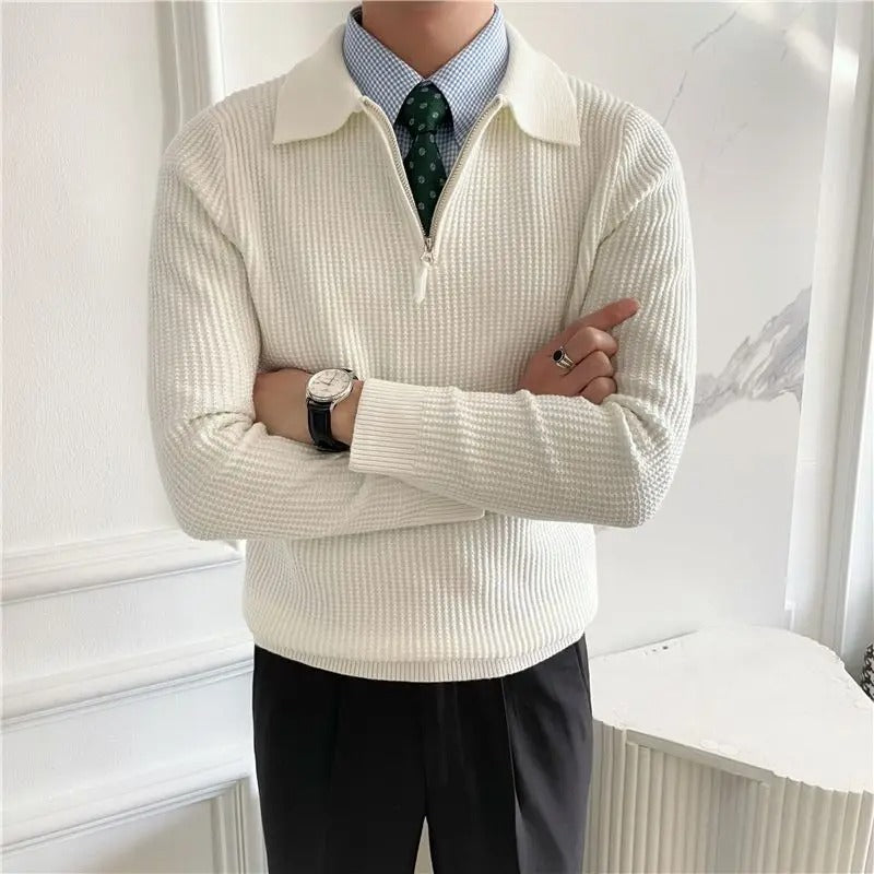 Men's ribbed half-zip sweater with a shirt collar
