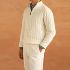 Men's cable knit half-zip mock neck sweater