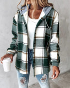 Women's plaid hooded shacket with button front