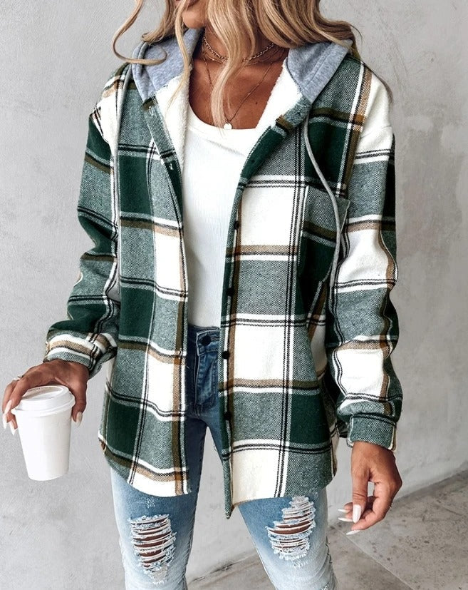 Women's plaid hooded shacket with button front