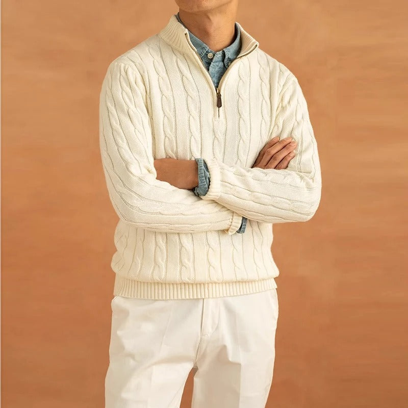 Men's cable knit half-zip mock neck sweater