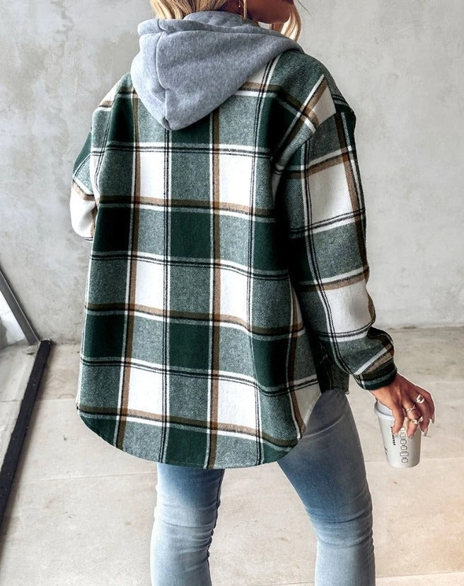 Women's plaid hooded shacket with button front