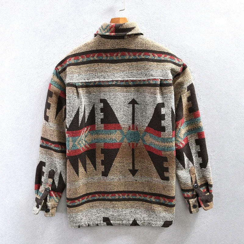 Unisex geometric Aztec pattern overshirt with collar, long sleeves and button front