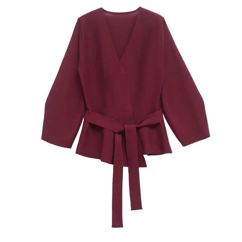 Women's kimono knit top with V-neck and tie waist