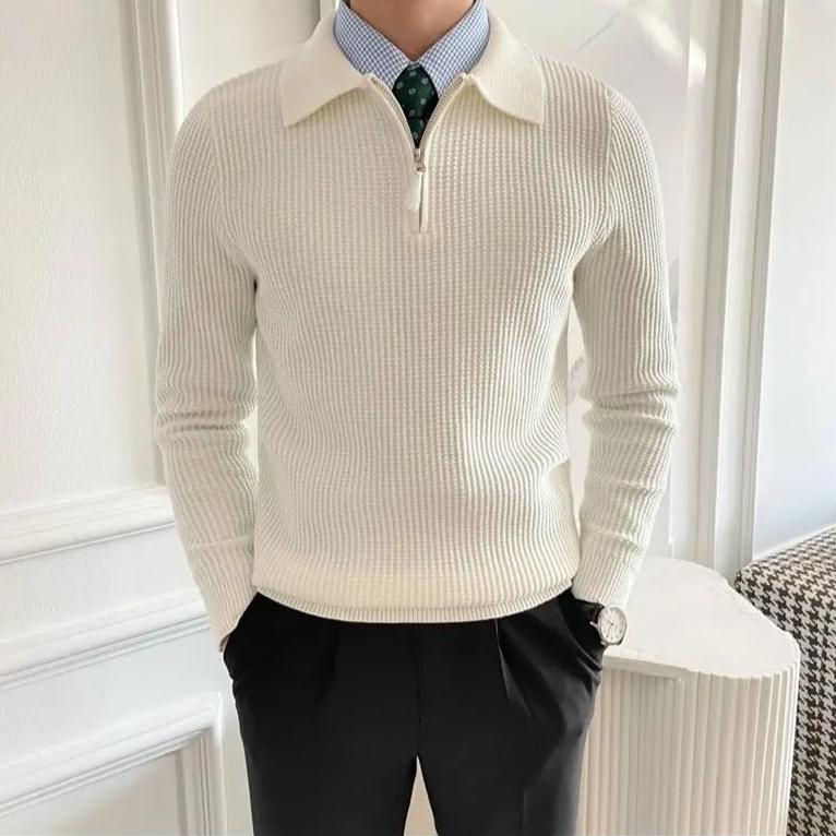 Men's ribbed half-zip sweater with a shirt collar