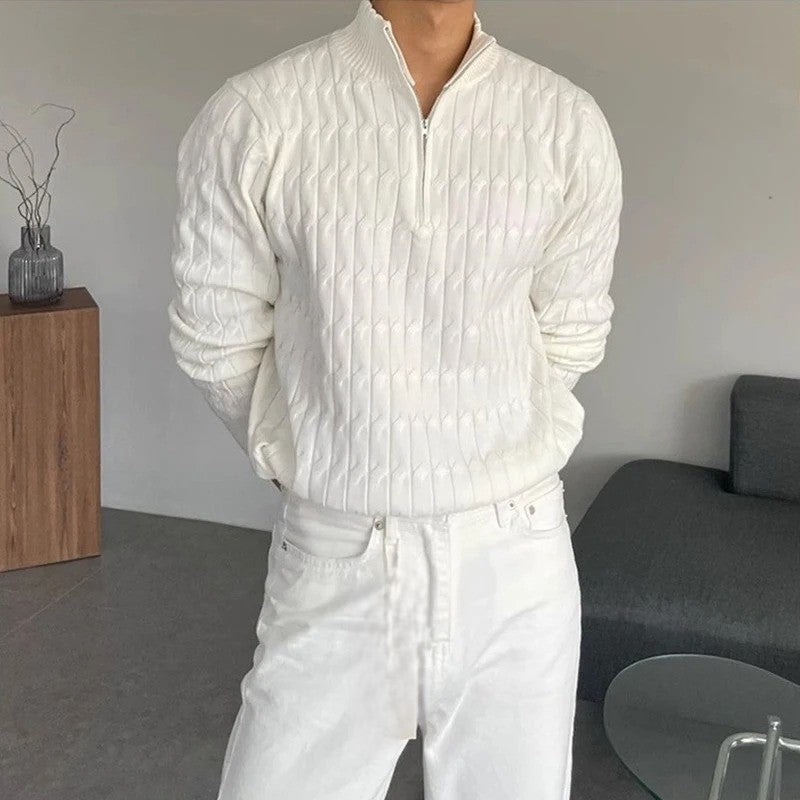 Men's textured jacquard sweater with zipped stand collar and long sleeves