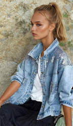 Women's light blue denim jacket with sequin detailing and mandarin collar
