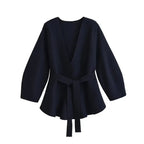 Women's kimono knit top with V-neck and tie waist