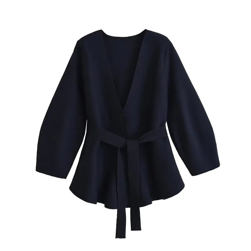 Women's kimono knit top with V-neck and tie waist