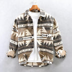 Unisex geometric Aztec pattern overshirt with collar, long sleeves and button front