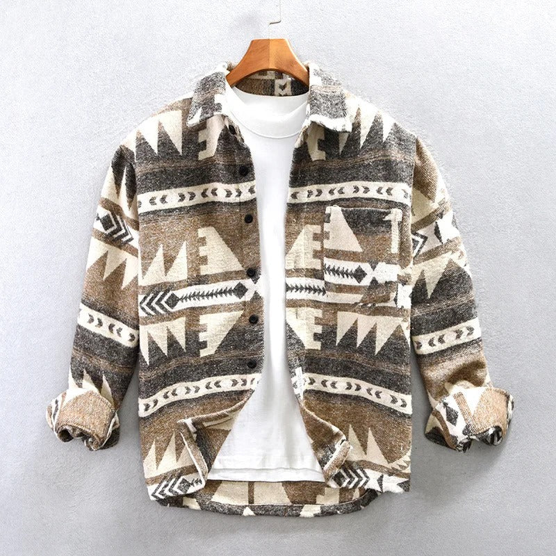 Unisex geometric Aztec pattern overshirt with collar, long sleeves and button front