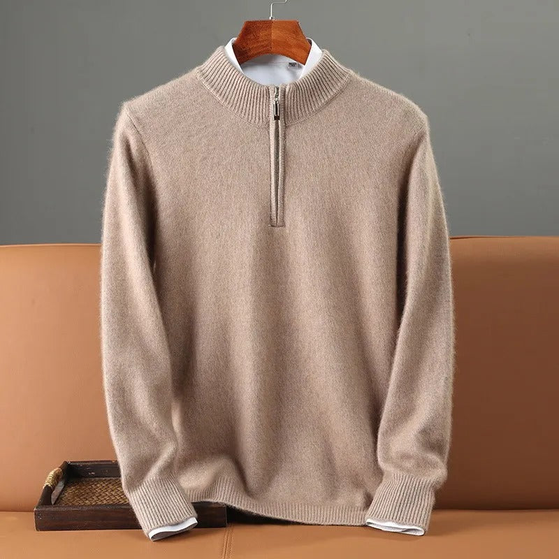 Men's half-zip mock neck jumper with long sleeves and ribbed trims