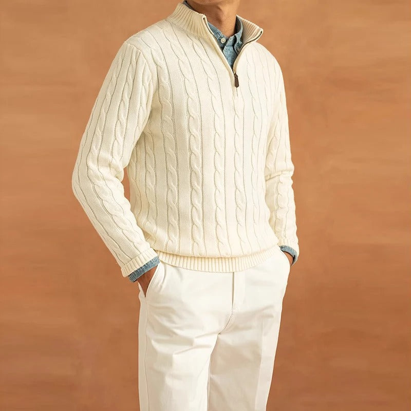 Men's cable knit half-zip mock neck sweater