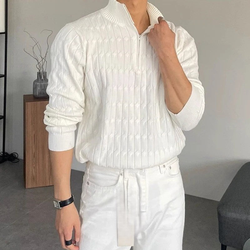 Men's textured jacquard sweater with zipped stand collar and long sleeves