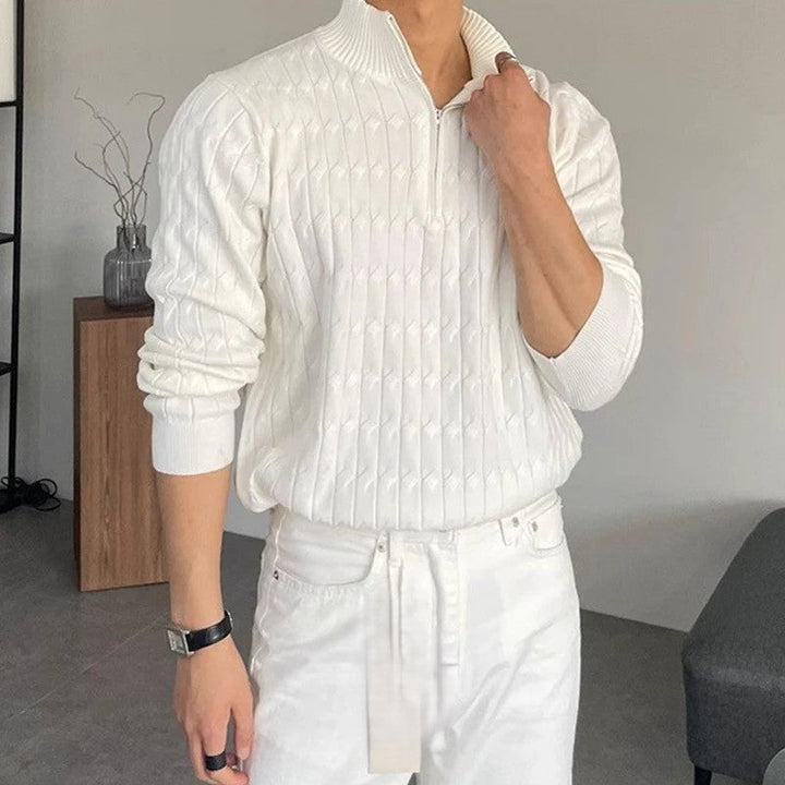 Men's textured jacquard sweater with zipped stand collar and long sleeves