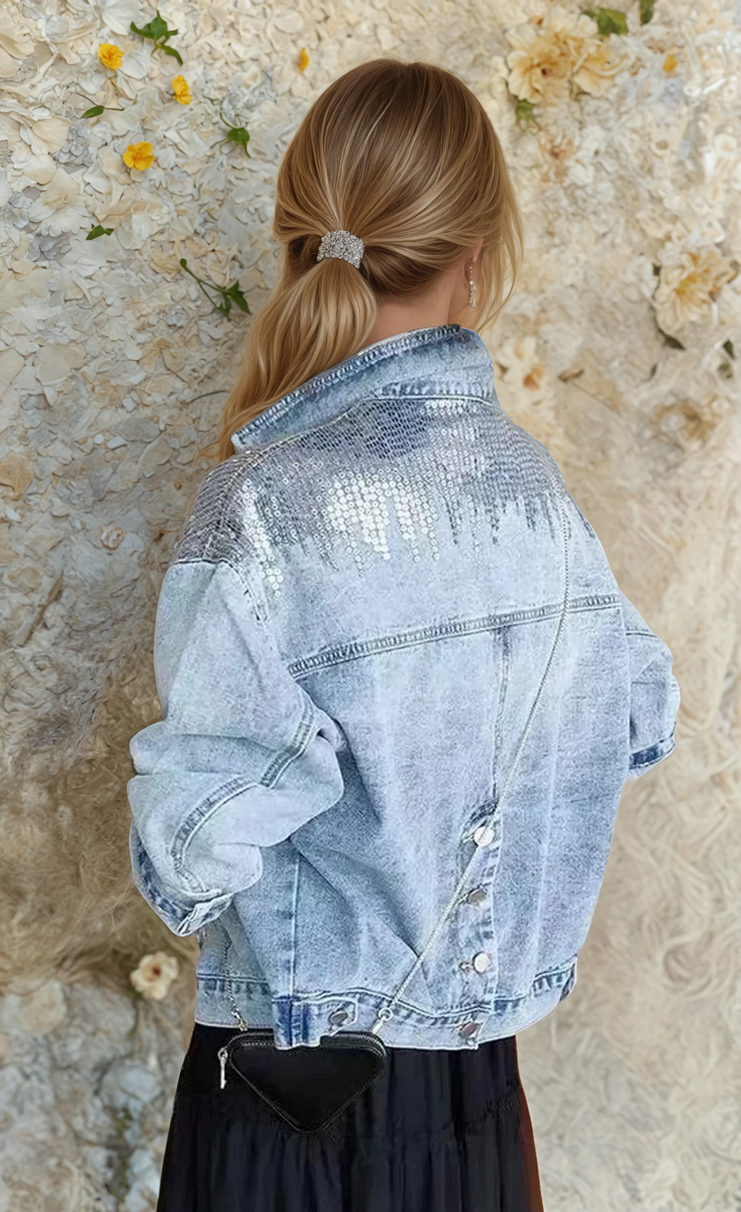 Women's light blue denim jacket with sequin detailing and mandarin collar