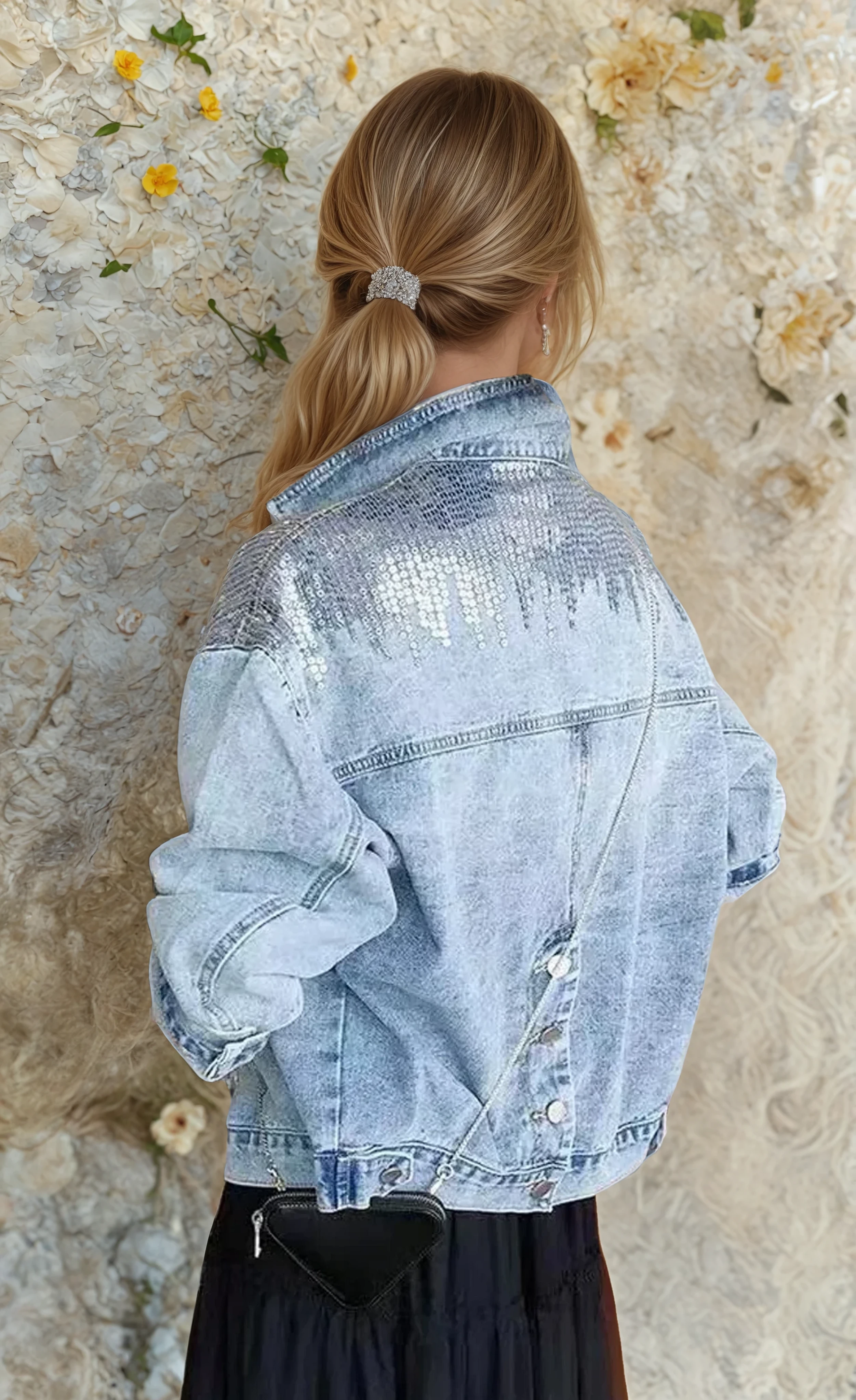 Women's light blue denim jacket with sequin detailing and mandarin collar