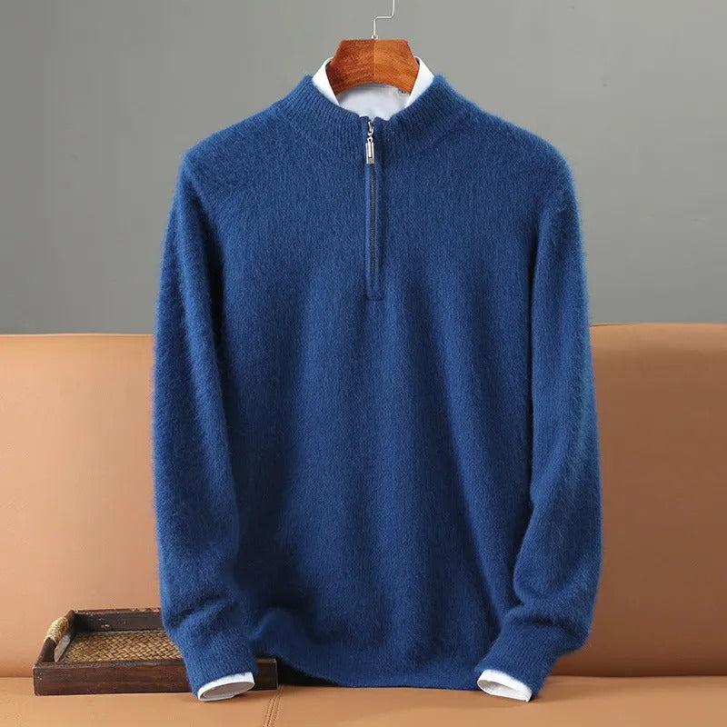 Men's half-zip mock neck jumper with long sleeves and ribbed trims
