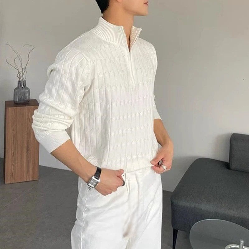 Men's textured jacquard sweater with zipped stand collar and long sleeves