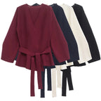 Women's kimono knit top with V-neck and tie waist