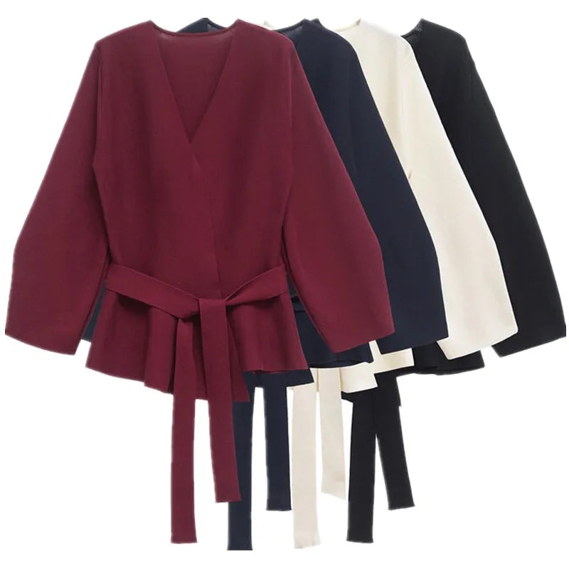 Women's kimono knit top with V-neck and tie waist