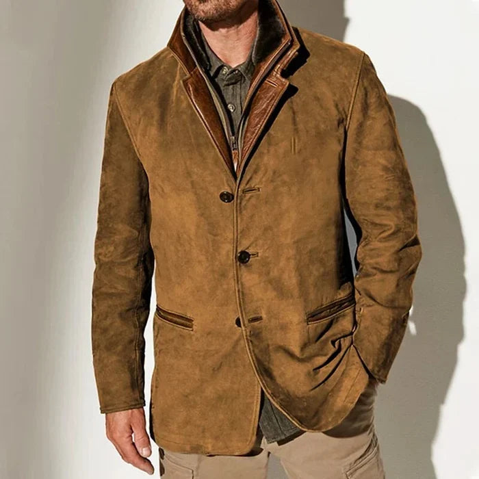 Men's brown vintage suede-look jacket with layered collar and button front